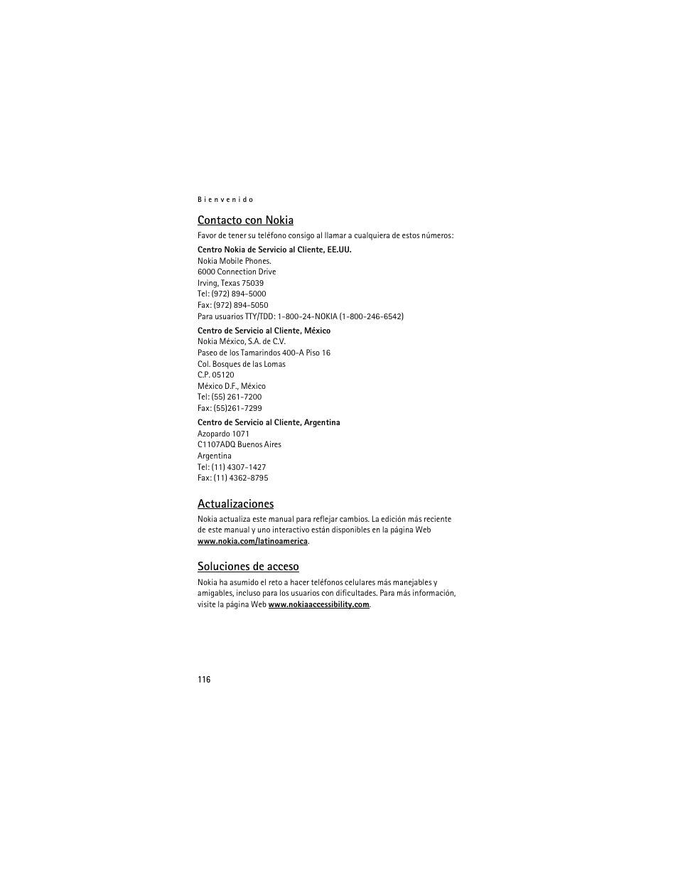 Contacto con nokia, Actualizaciones, Soluciones de acceso | Nokia 6235i User Manual | Page 117 / 233