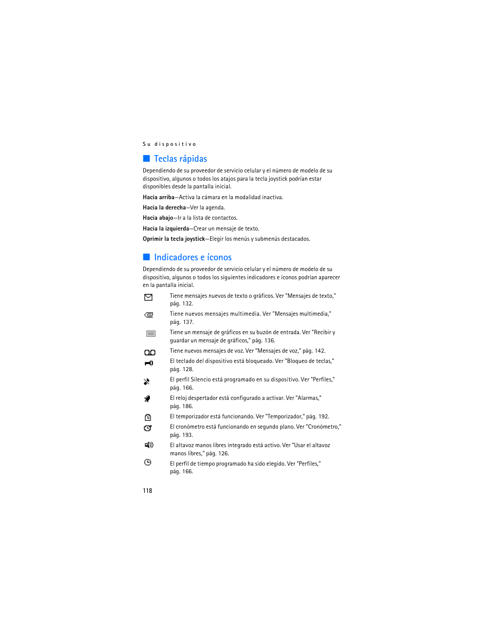 Teclas rápidas, Indicadores e íconos | Nokia 6235i User Manual | Page 119 / 233