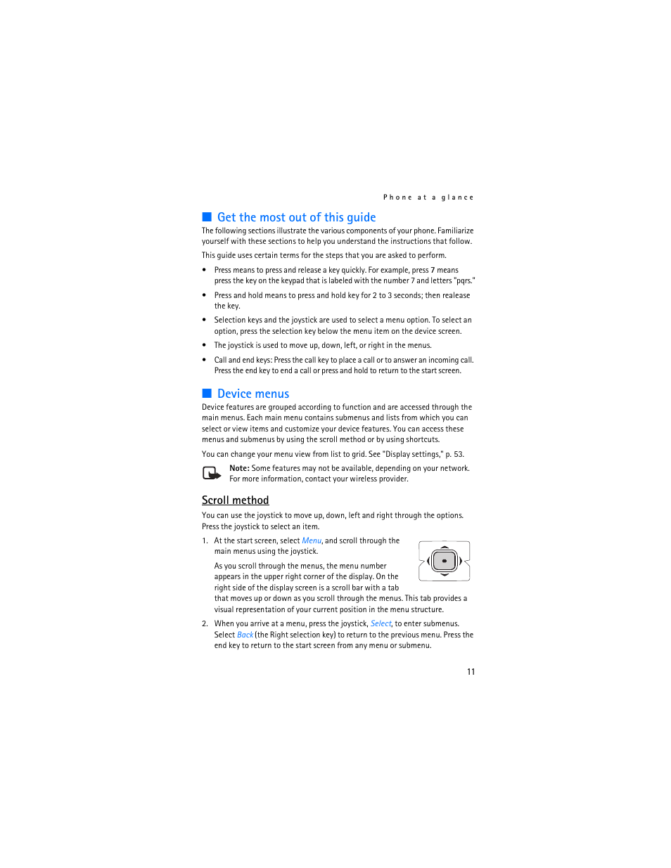 Get the most out of this guide, Device menus, Scroll method | Nokia 6235i User Manual | Page 12 / 233