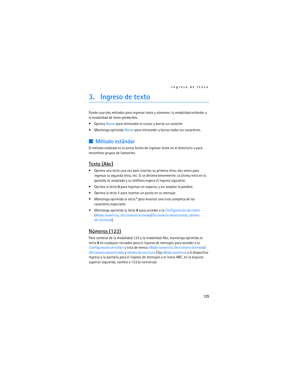 Ingreso de texto, Método estándar, Texto (abc) | Números (123) | Nokia 6235i User Manual | Page 130 / 233