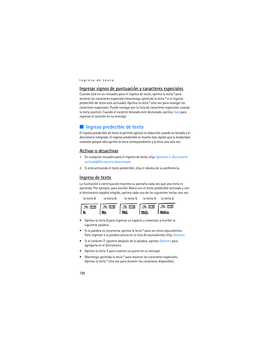 Ingreso predecible de texto, Activar o desactivar, Ingreso de texto | Nokia 6235i User Manual | Page 131 / 233