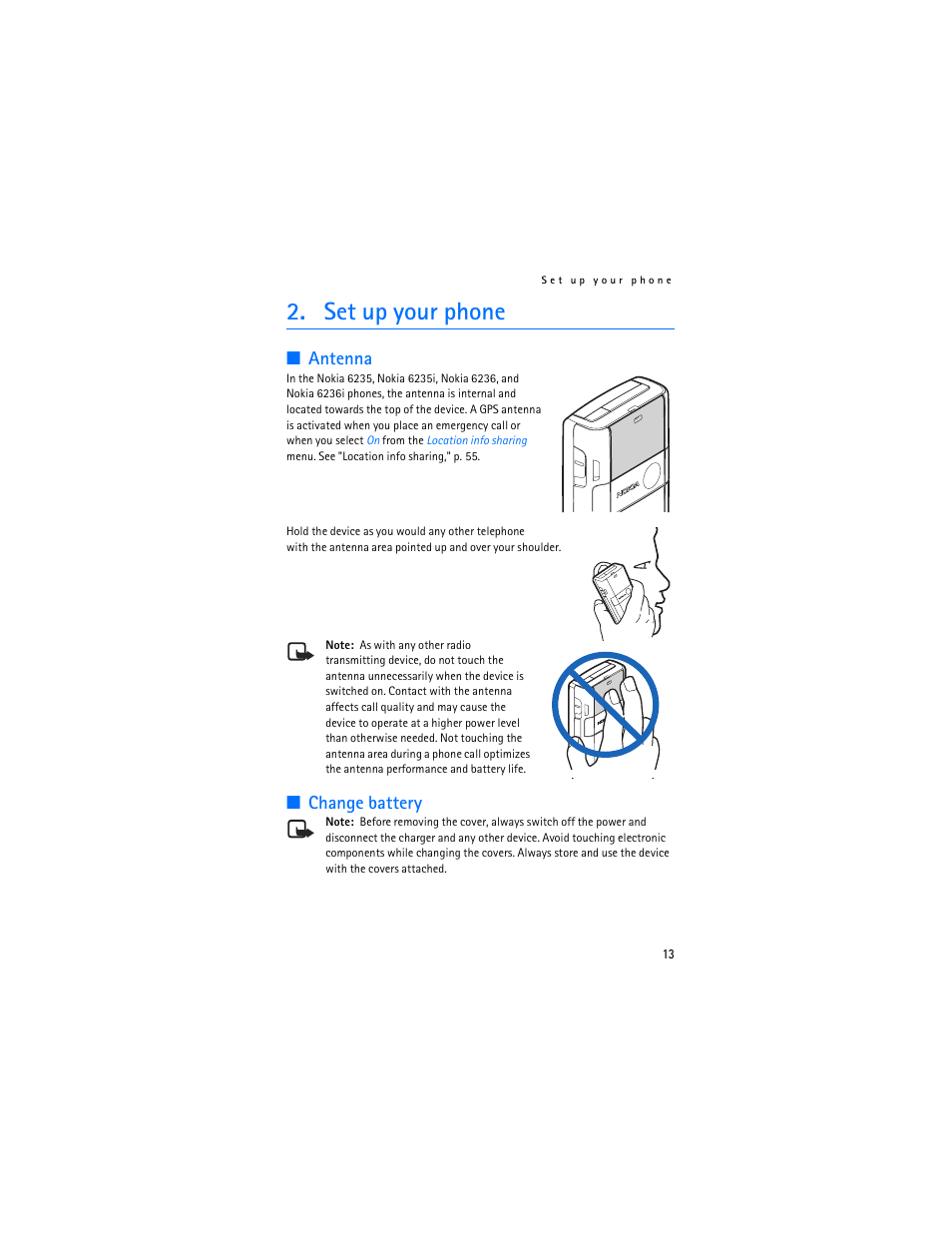 Set up your phone, Antenna, Change battery | Nokia 6235i User Manual | Page 14 / 233