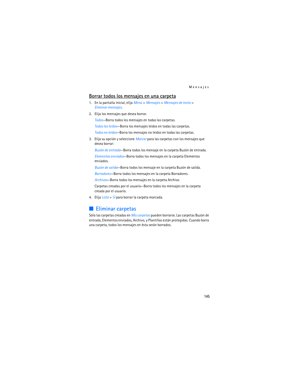 Eliminar carpetas, Borrar todos los mensajes en una carpeta | Nokia 6235i User Manual | Page 146 / 233