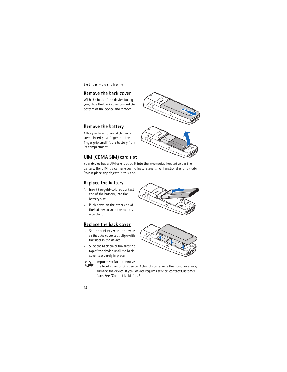 Remove the back cover, Remove the battery, Uim (cdma sim) card slot | Replace the battery, Replace the back cover | Nokia 6235i User Manual | Page 15 / 233