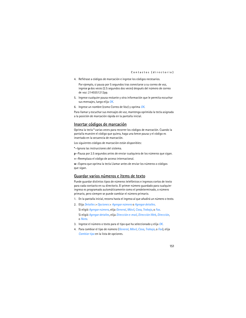 Insertar códigos de marcación, Guardar varios números e ítems de texto | Nokia 6235i User Manual | Page 152 / 233