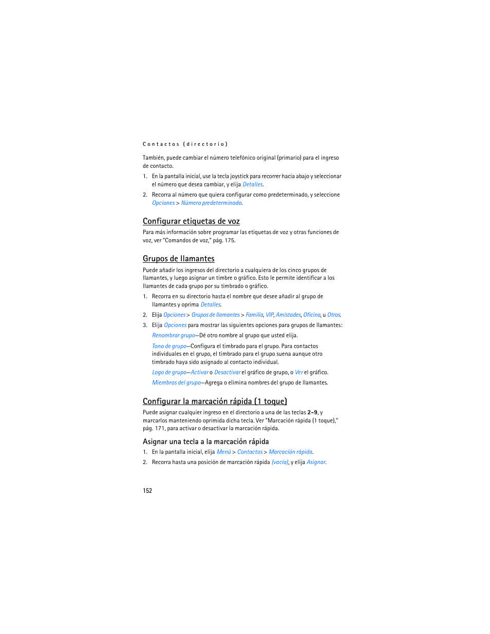 Configurar etiquetas de voz, Grupos de llamantes, Configurar la marcación rápida (1 toque) | Nokia 6235i User Manual | Page 153 / 233