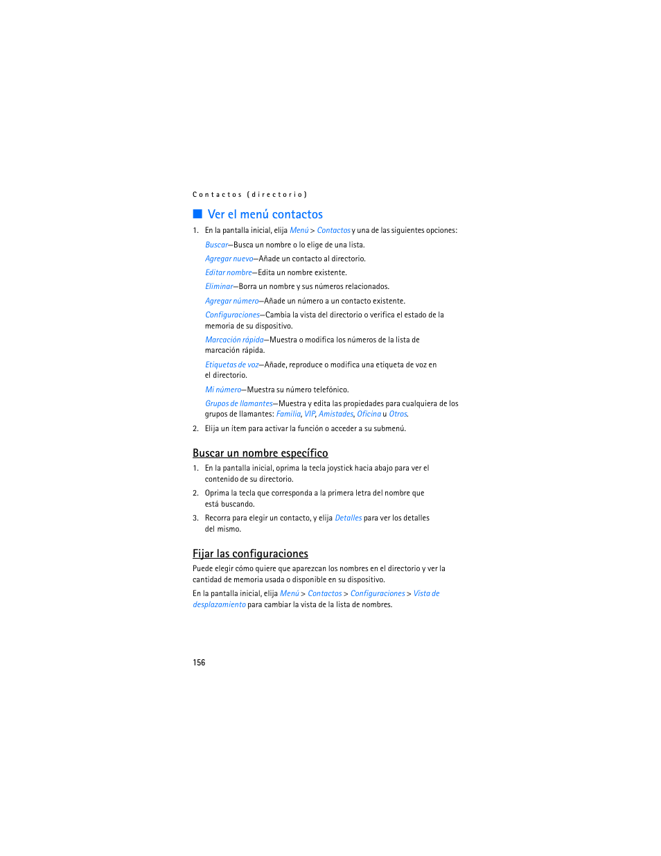 Ver el menú contactos, Buscar un nombre específico, Fijar las configuraciones | Nokia 6235i User Manual | Page 157 / 233