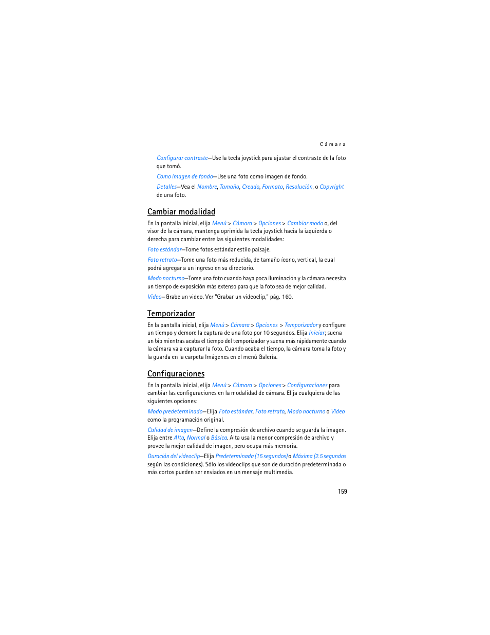 Cambiar modalidad, Temporizador, Configuraciones | Nokia 6235i User Manual | Page 160 / 233