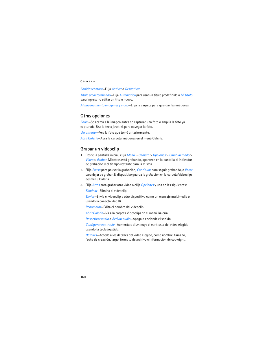 Otras opciones, Grabar un videoclip | Nokia 6235i User Manual | Page 161 / 233