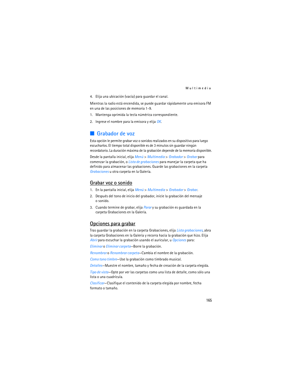 Grabador de voz, Grabar voz o sonido, Opciones para grabar | Nokia 6235i User Manual | Page 166 / 233
