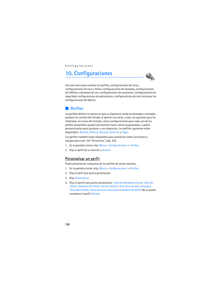 Configuraciones, Perfiles, Personalizar un perfil | Nokia 6235i User Manual | Page 167 / 233
