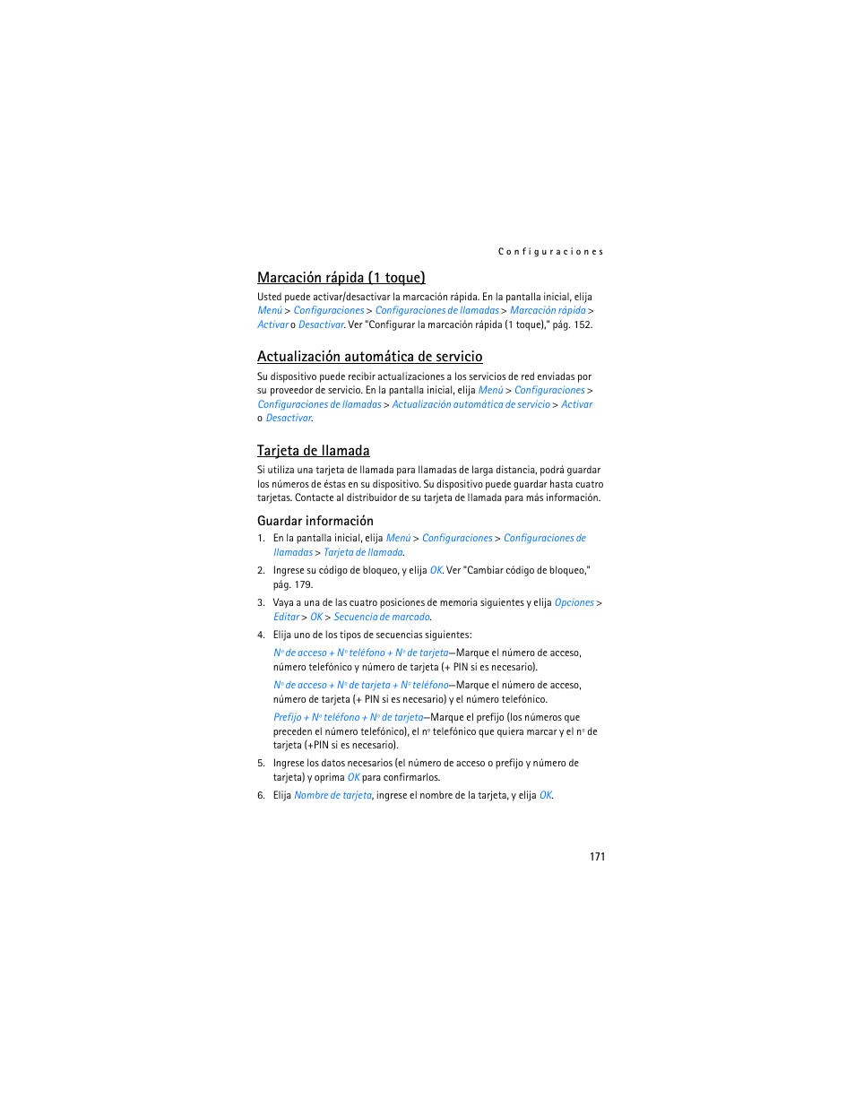 Marcación rápida (1 toque), Actualización automática de servicio, Tarjeta de llamada | Nokia 6235i User Manual | Page 172 / 233