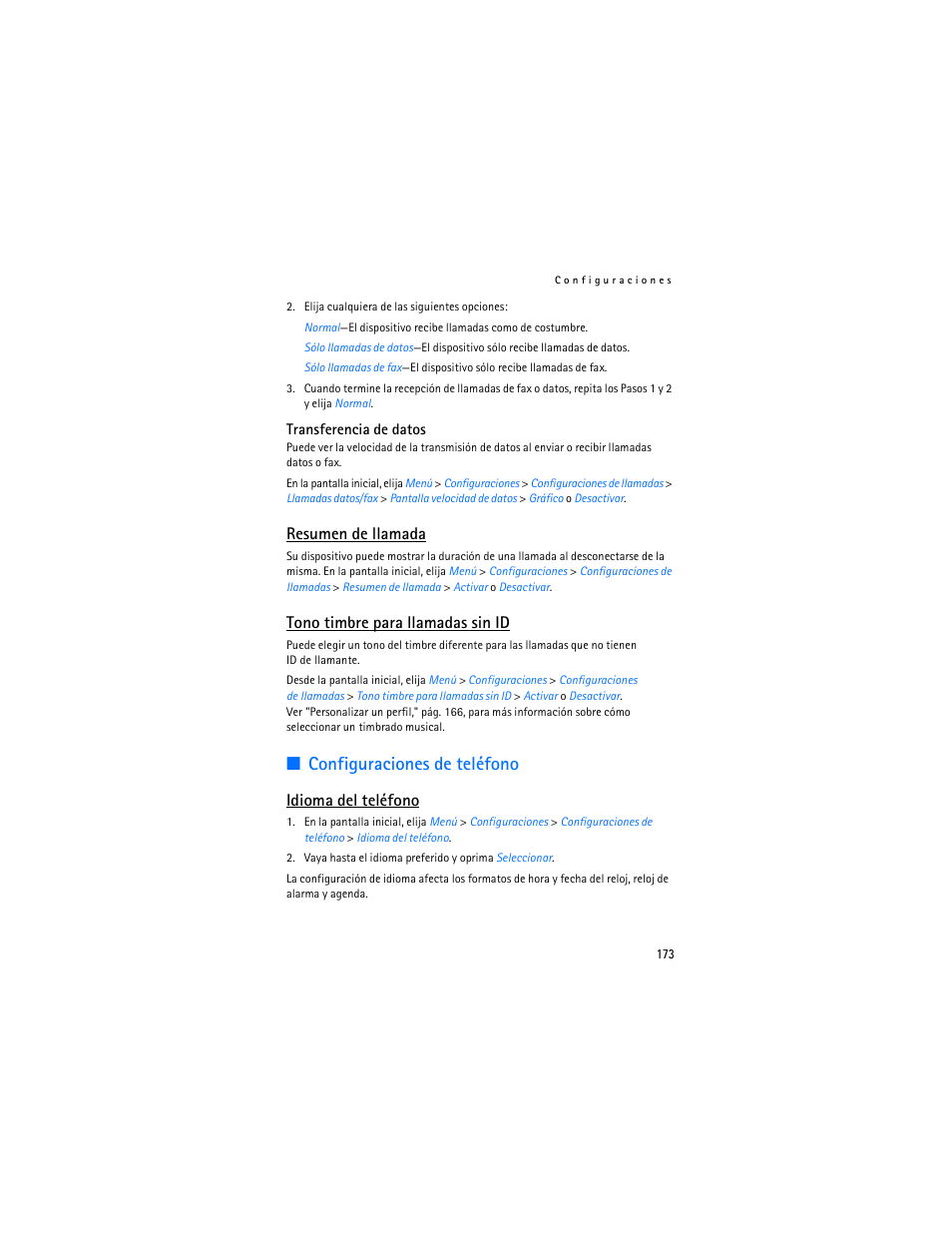Configuraciones de teléfono, Resumen de llamada, Tono timbre para llamadas sin id | Idioma del teléfono | Nokia 6235i User Manual | Page 174 / 233
