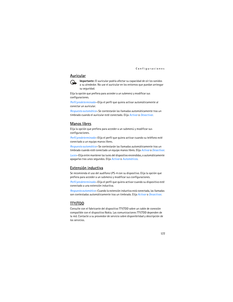Auricular, Manos libres, Extensión inductiva | Tty/tdd | Nokia 6235i User Manual | Page 178 / 233