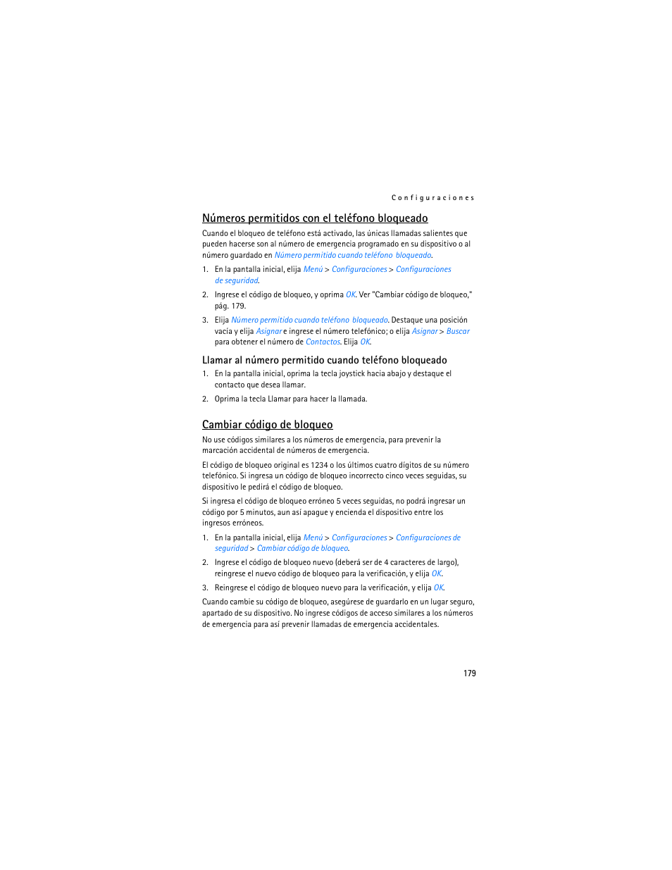 R "cambiar código de bloqueo, Números permitidos con el teléfono bloqueado, Cambiar código de bloqueo | Nokia 6235i User Manual | Page 180 / 233