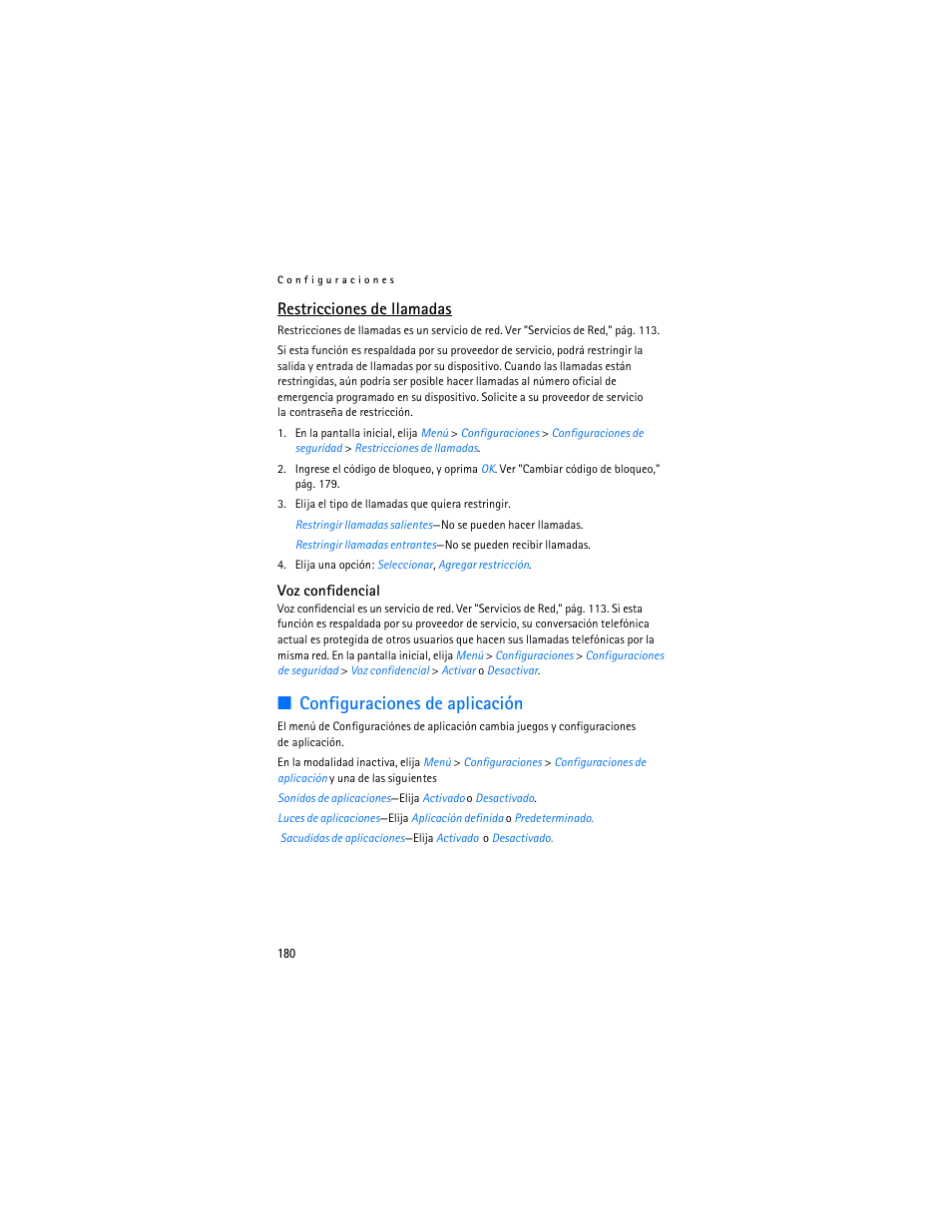 Configuraciones de aplicación, Restricciones de llamadas | Nokia 6235i User Manual | Page 181 / 233