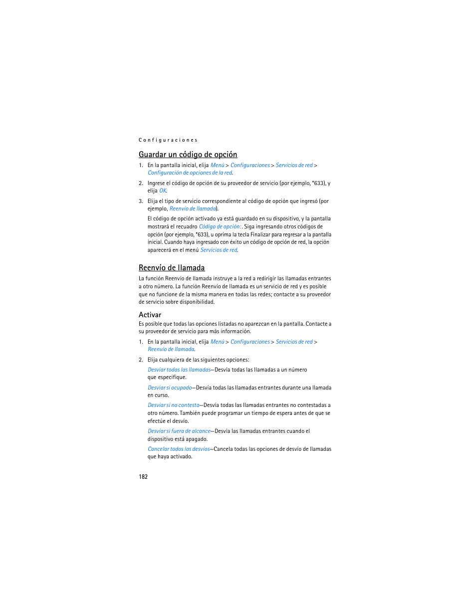 Guardar un código de opción, Reenvío de llamada | Nokia 6235i User Manual | Page 183 / 233