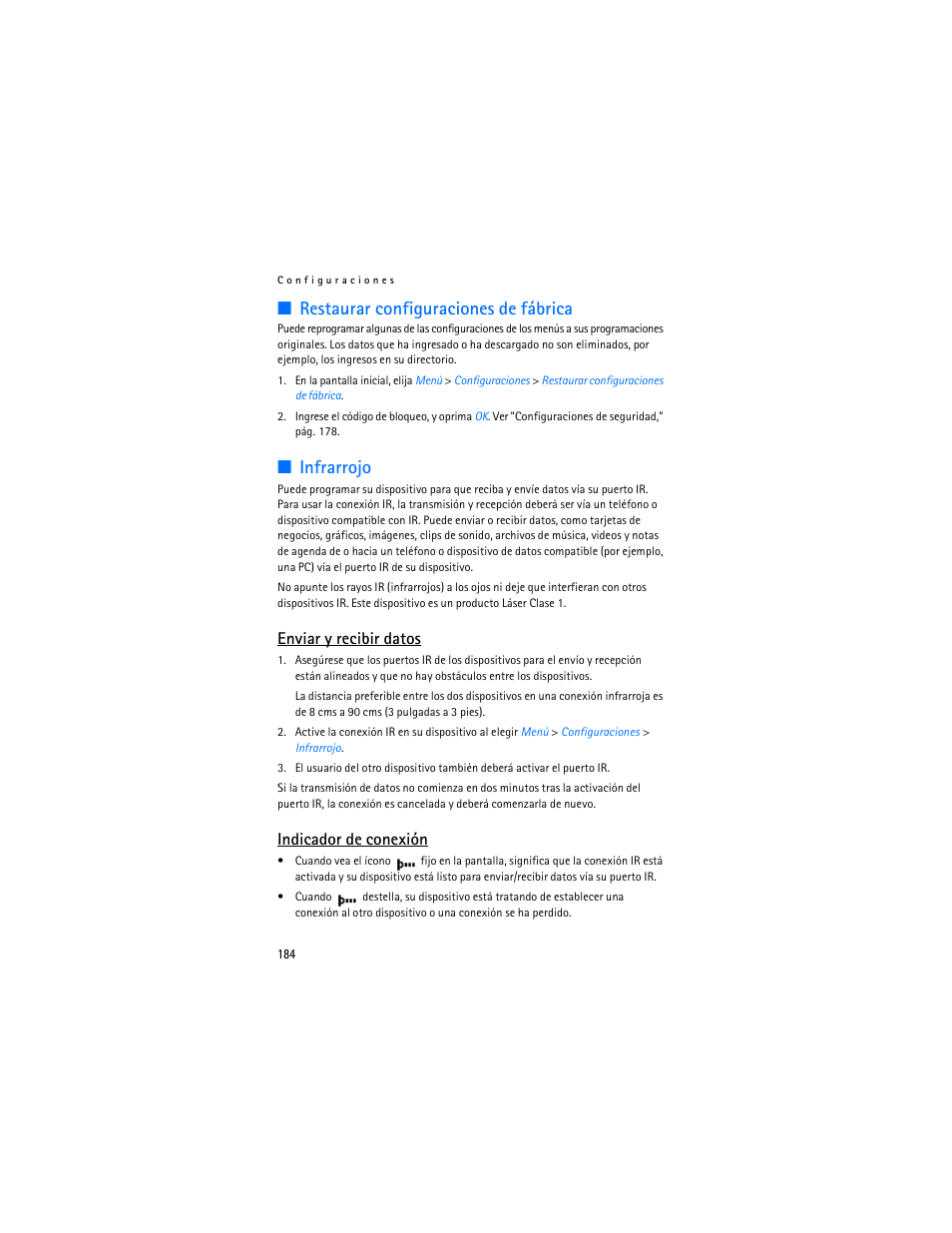 Restaurar configuraciones de fábrica, Infrarrojo, Enviar y recibir datos | Indicador de conexión | Nokia 6235i User Manual | Page 185 / 233