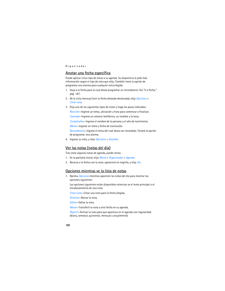 Anotar una fecha específica, Ver las notas (notas del día), Opciones mientras ve la lista de notas | Nokia 6235i User Manual | Page 189 / 233
