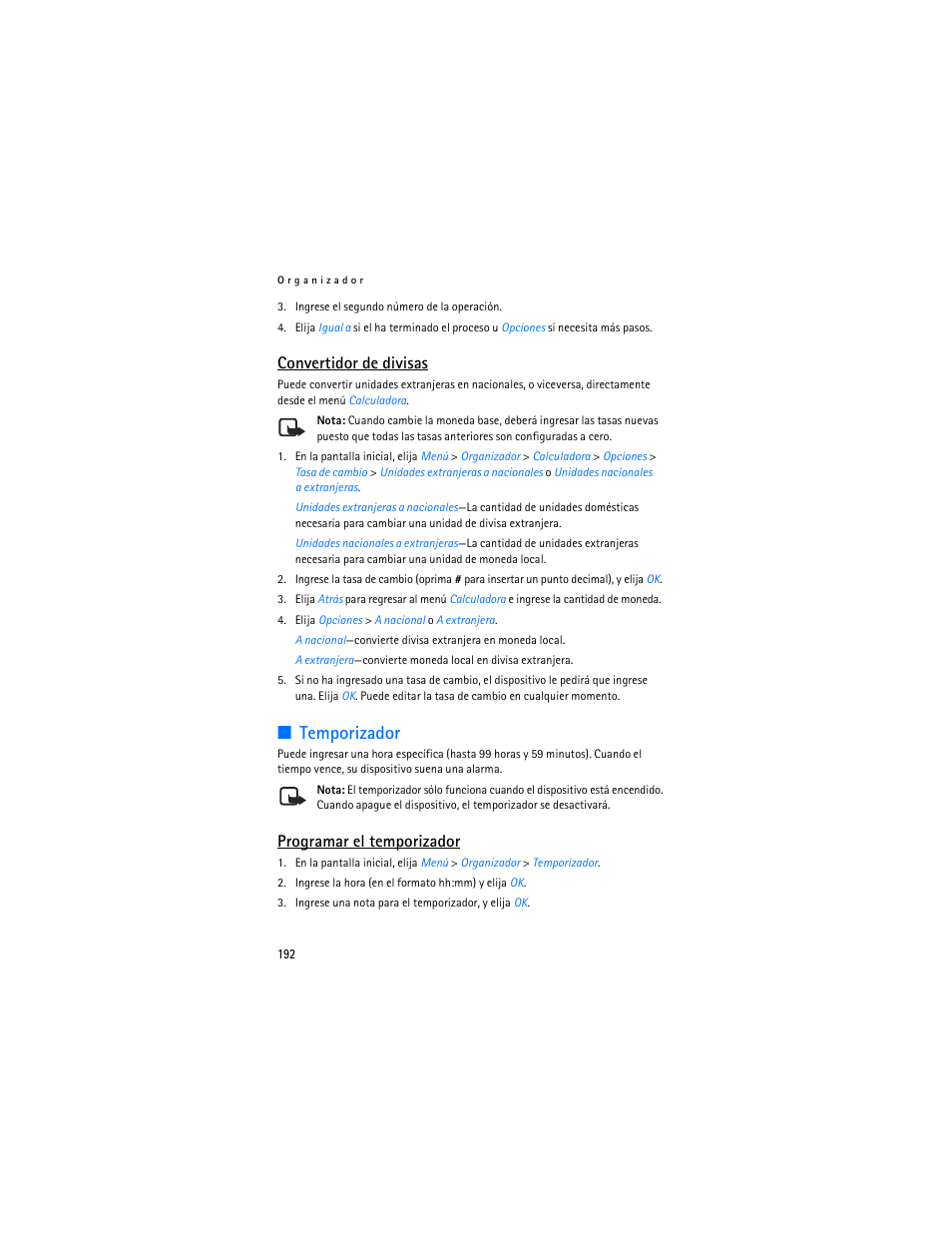R "temporizador," pág. 192, Temporizador, Convertidor de divisas | Programar el temporizador | Nokia 6235i User Manual | Page 193 / 233