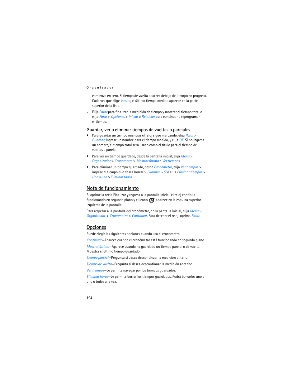Nota de funcionamiento, Opciones | Nokia 6235i User Manual | Page 195 / 233