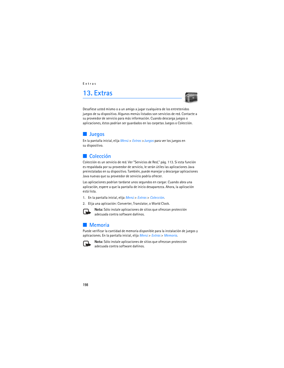 Extras, Juegos, Colección | Nokia 6235i User Manual | Page 199 / 233