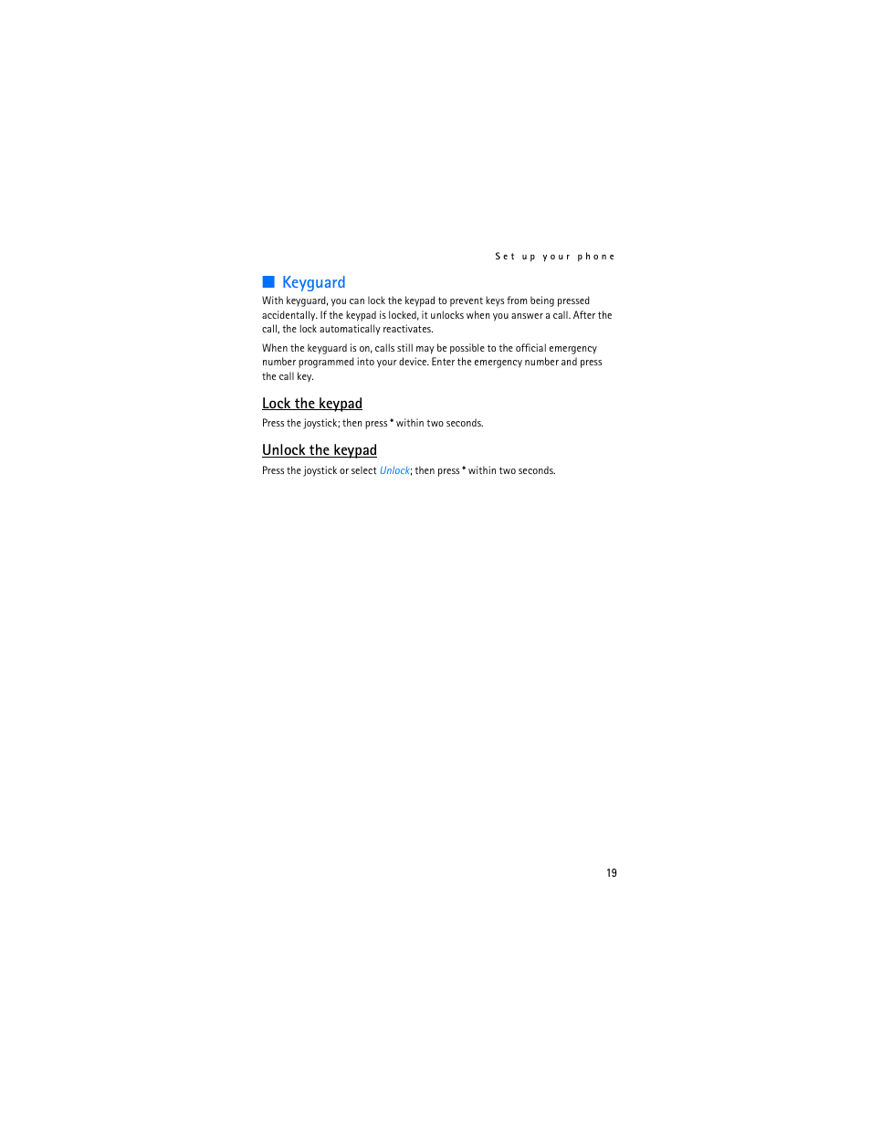Keyguard," p, Keyguard, Lock the keypad | Unlock the keypad | Nokia 6235i User Manual | Page 20 / 233