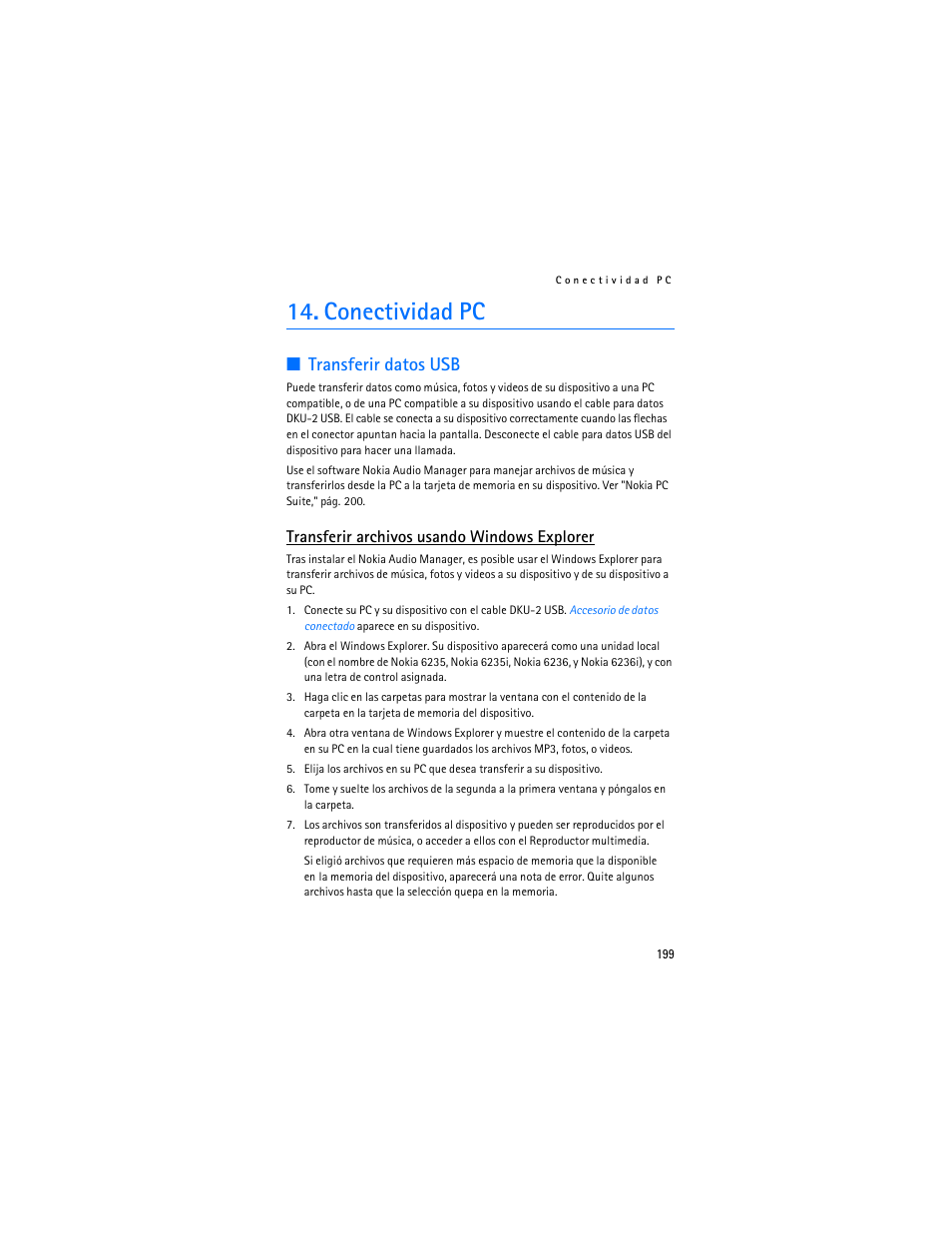 Conectividad pc, Transferir datos usb, Transferir archivos usando windows explorer | Nokia 6235i User Manual | Page 200 / 233