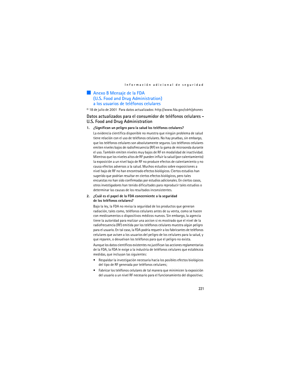 Anexo b mensaje de la fda, Anexo b | Nokia 6235i User Manual | Page 222 / 233