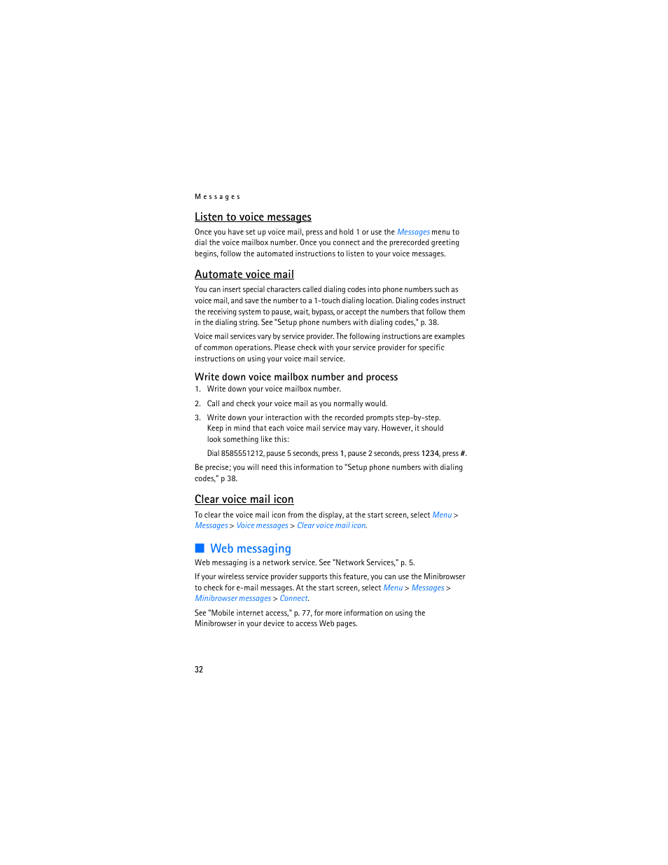 Web messaging, Listen to voice messages, Automate voice mail | Clear voice mail icon | Nokia 6235i User Manual | Page 33 / 233