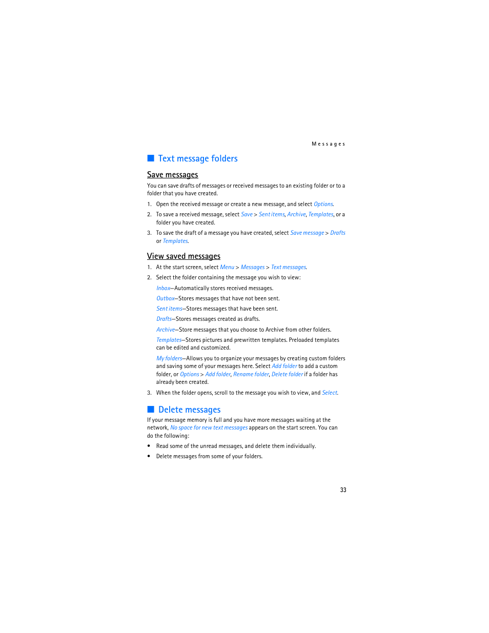 Text message folders, Delete messages, Save messages | View saved messages | Nokia 6235i User Manual | Page 34 / 233