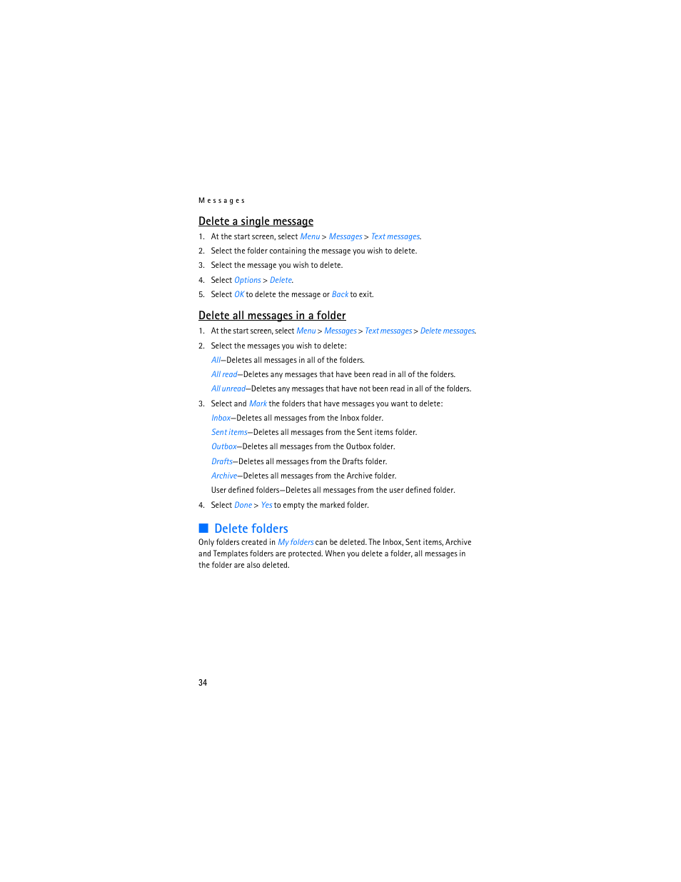 Delete folders, Delete a single message, Delete all messages in a folder | Nokia 6235i User Manual | Page 35 / 233