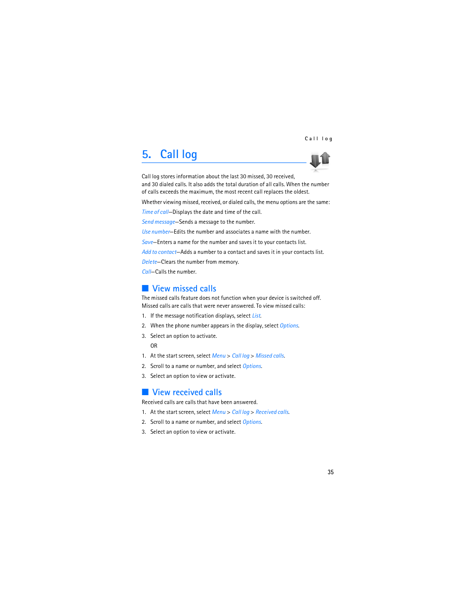 Call log, View missed calls, View received calls | Nokia 6235i User Manual | Page 36 / 233