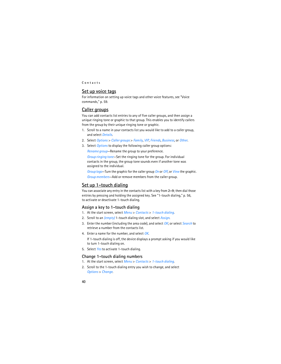 Set up voice tags, Caller groups, Set up 1-touch dialing | Nokia 6235i User Manual | Page 41 / 233