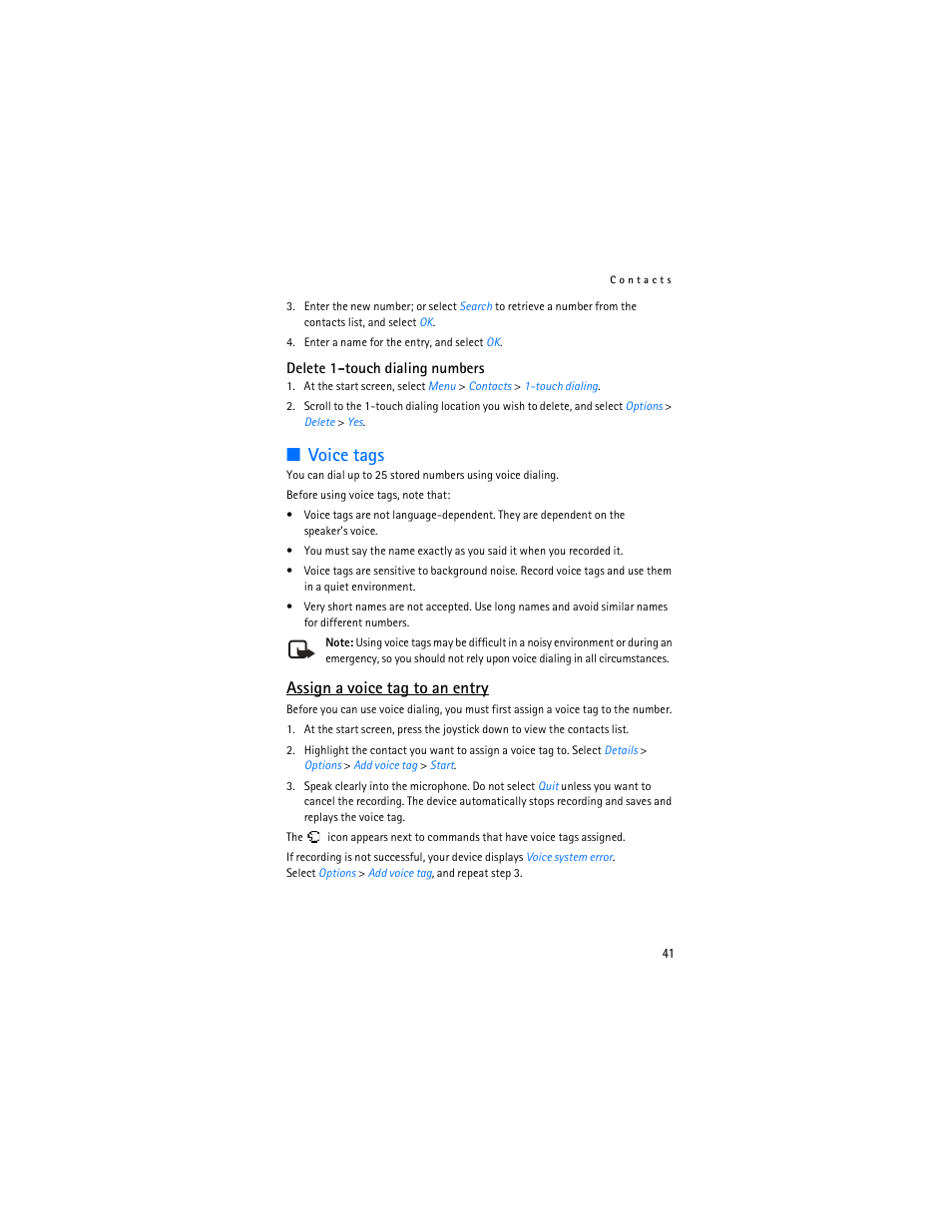 Voice tags, Assign a voice tag to an entry | Nokia 6235i User Manual | Page 42 / 233