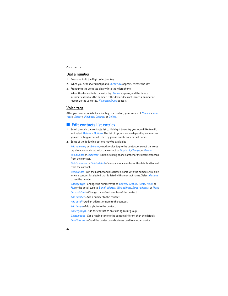 Edit contacts list entries, Dial a number, Voice tags | Nokia 6235i User Manual | Page 43 / 233