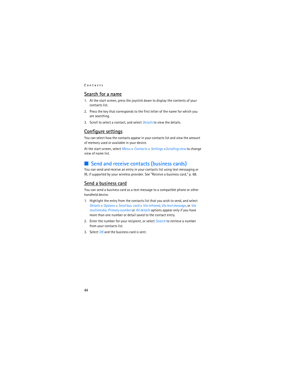 Send and receive contacts (business cards), Search for a name, Configure settings | Send a business card | Nokia 6235i User Manual | Page 45 / 233