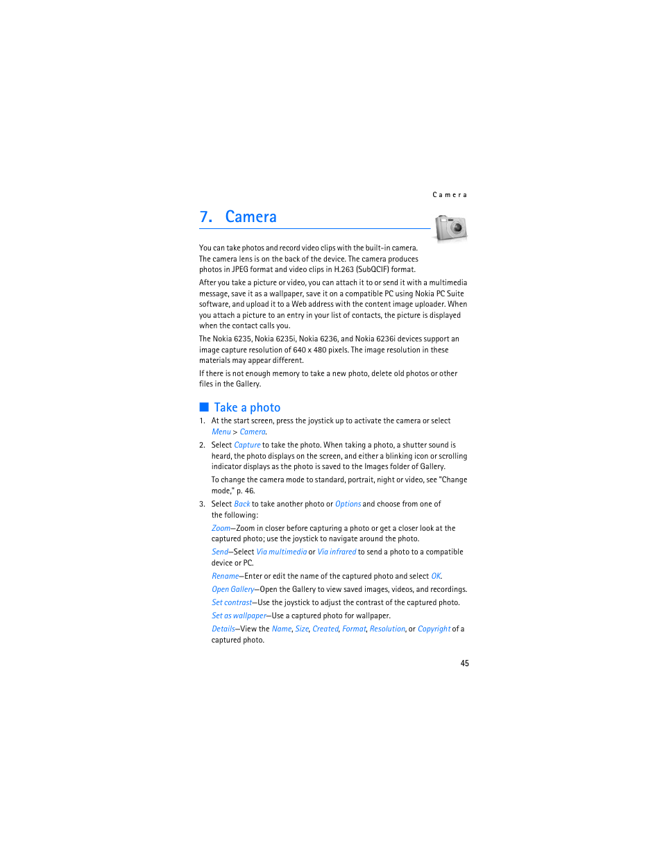 Camera, Take a photo | Nokia 6235i User Manual | Page 46 / 233