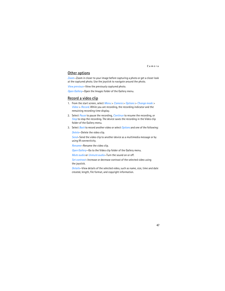 Other options, Record a video clip | Nokia 6235i User Manual | Page 48 / 233