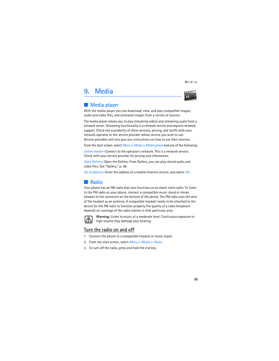 Media, Media player, Radio | Turn the radio on and off | Nokia 6235i User Manual | Page 50 / 233