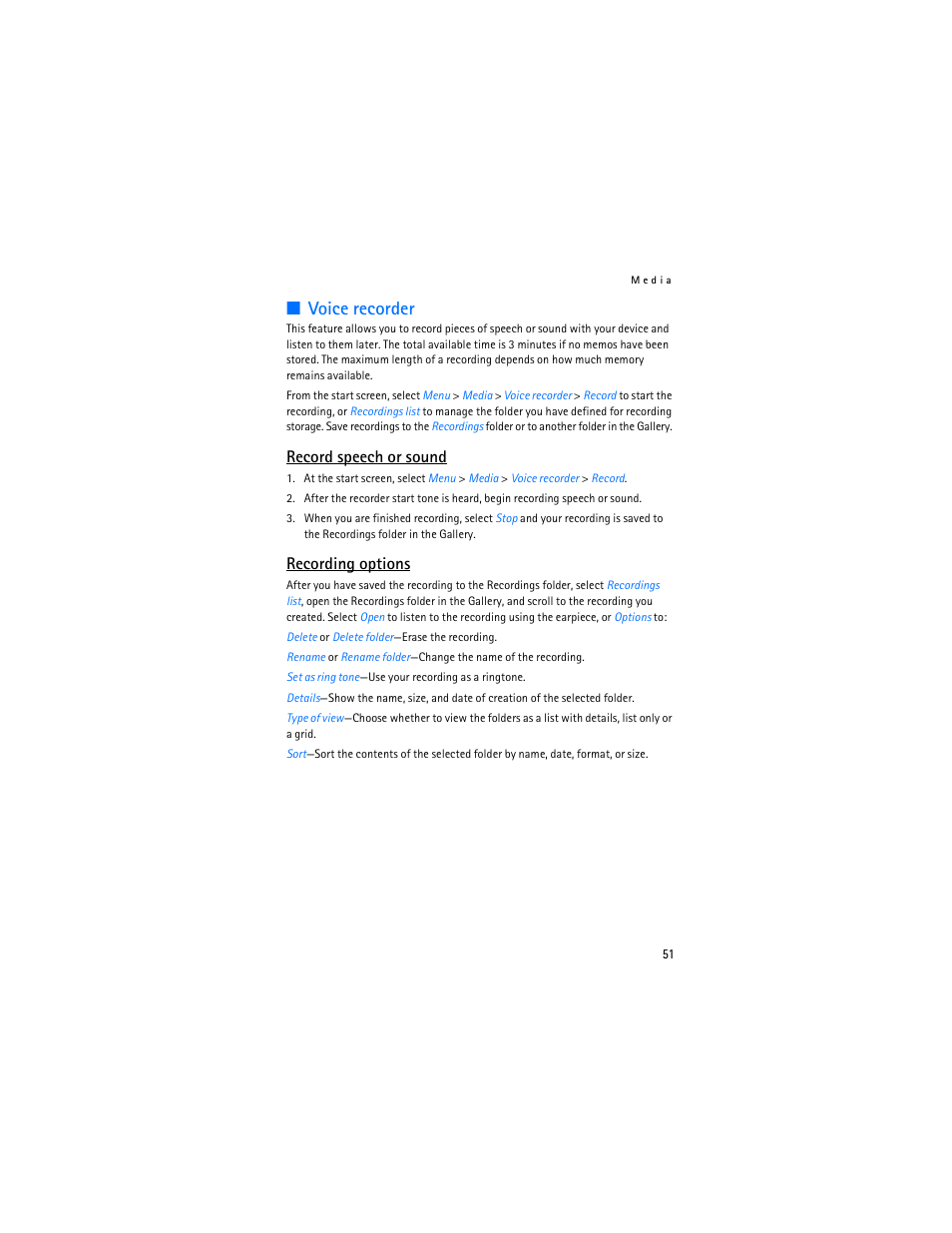 Voice recorder, Record speech or sound, Recording options | Nokia 6235i User Manual | Page 52 / 233