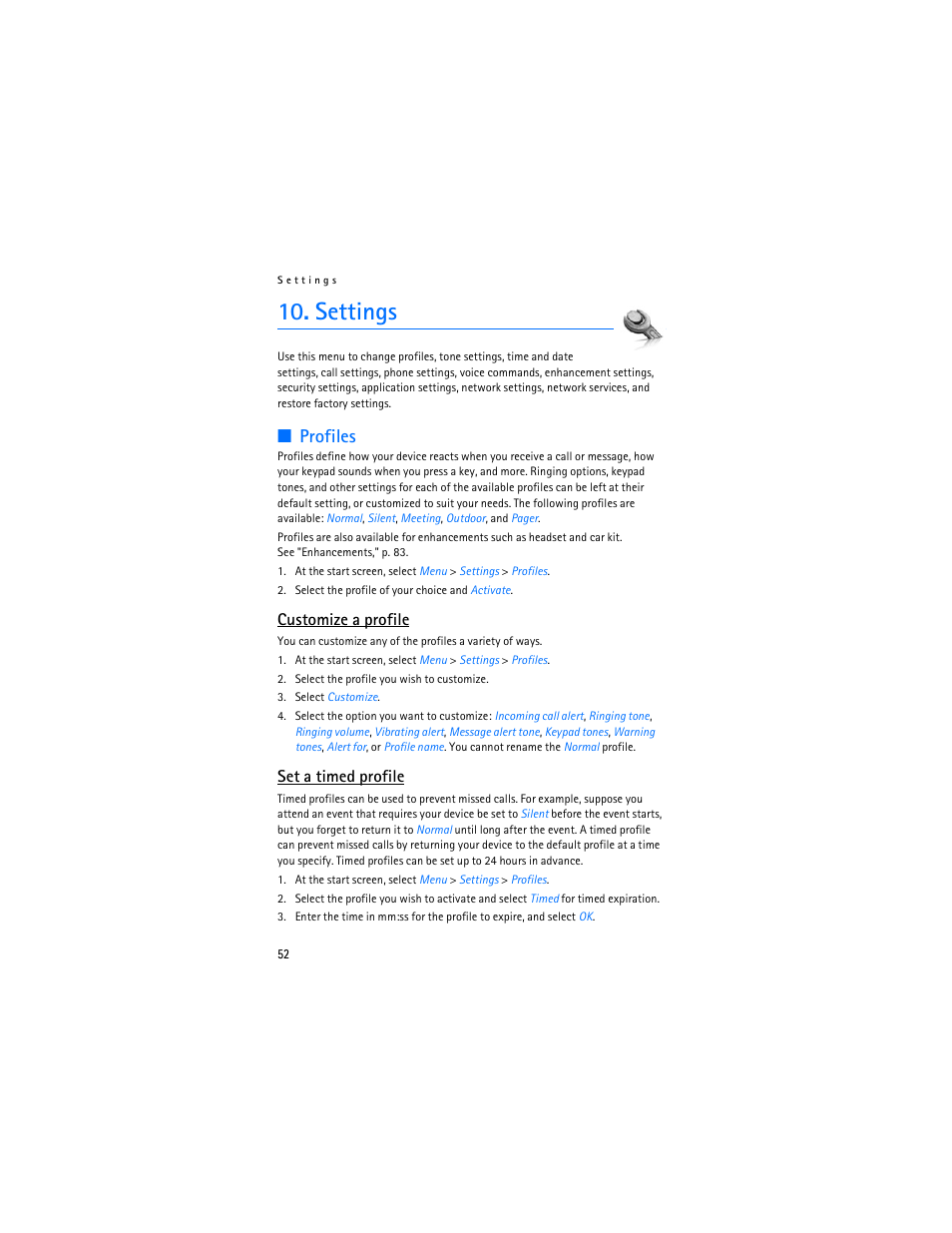 Settings, Profiles," p. 52, Profiles | Customize a profile, Set a timed profile | Nokia 6235i User Manual | Page 53 / 233
