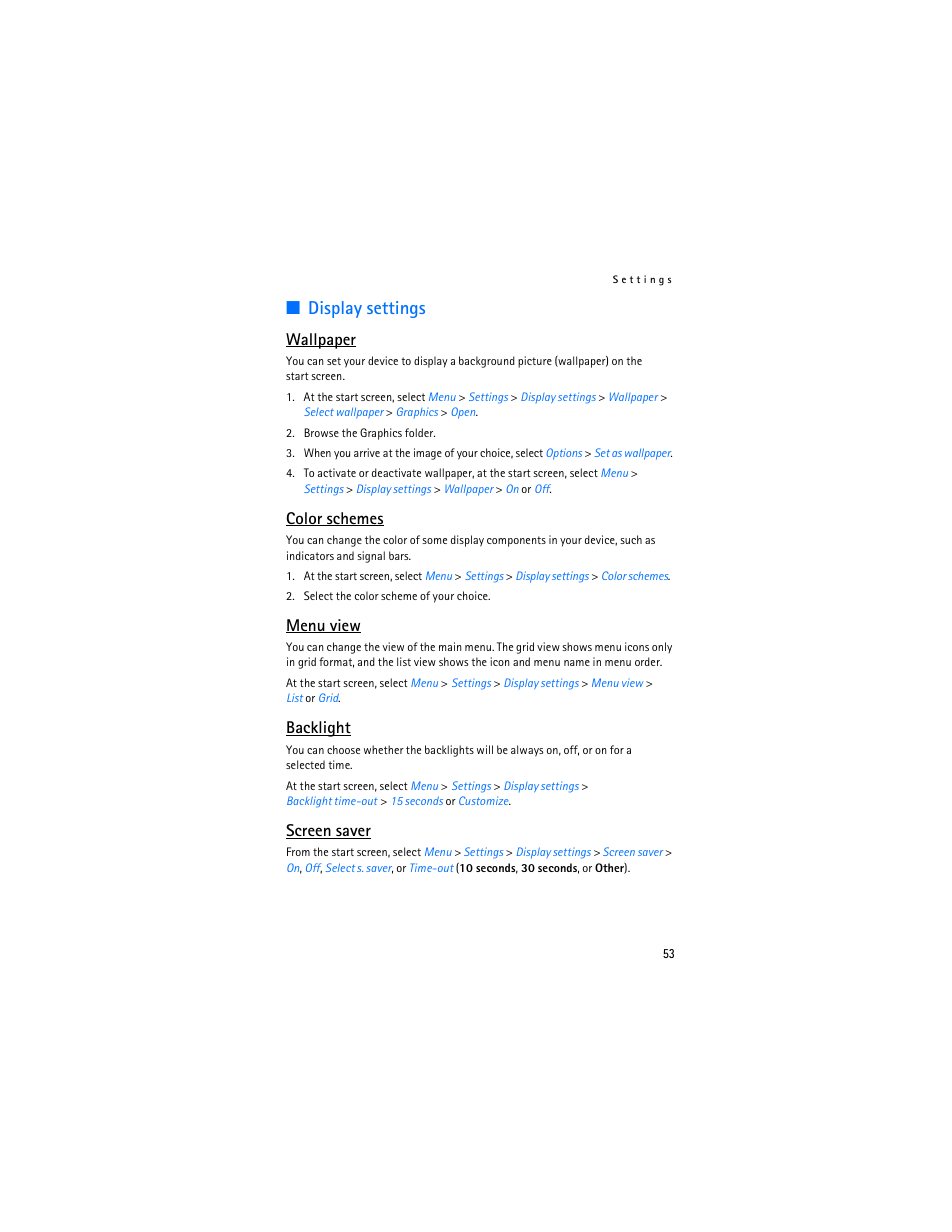 Display settings, Wallpaper, Color schemes | Menu view, Backlight, Screen saver | Nokia 6235i User Manual | Page 54 / 233