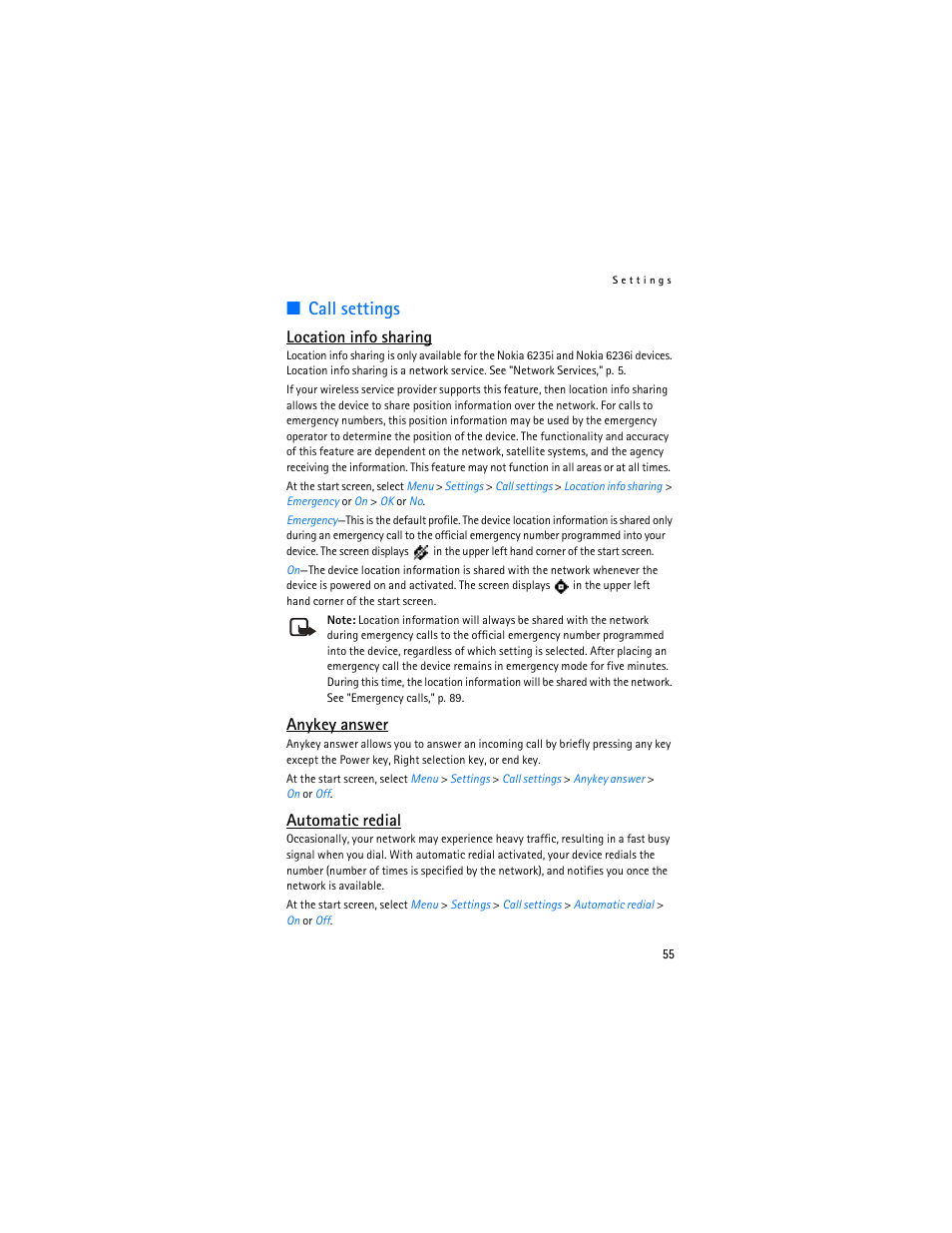 Location info sharing, Call settings, Anykey answer | Automatic redial | Nokia 6235i User Manual | Page 56 / 233