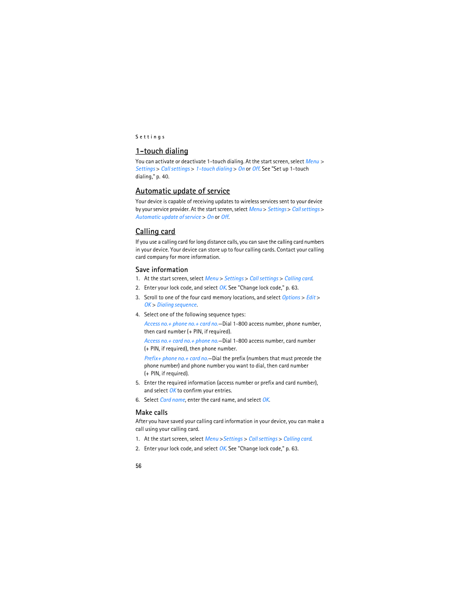 Touch dialing, Automatic update of service, Calling card | Nokia 6235i User Manual | Page 57 / 233