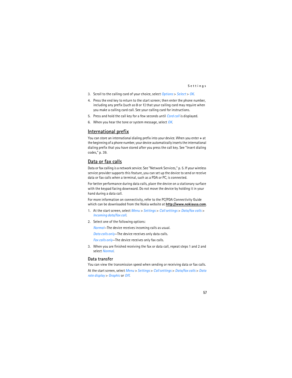 International prefix, Data or fax calls | Nokia 6235i User Manual | Page 58 / 233