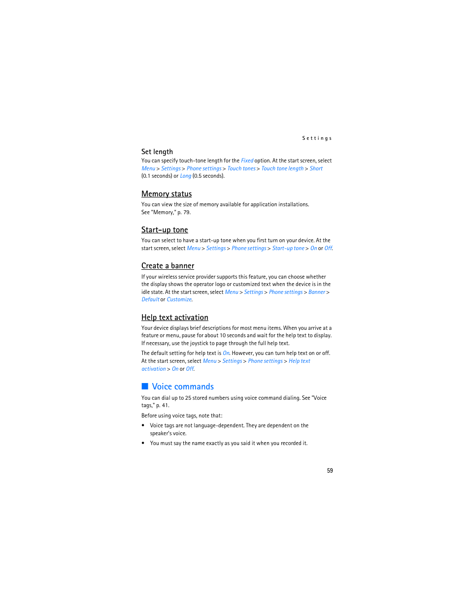 Voice commands, Start-up tone, Create a banner | Help text activation | Nokia 6235i User Manual | Page 60 / 233
