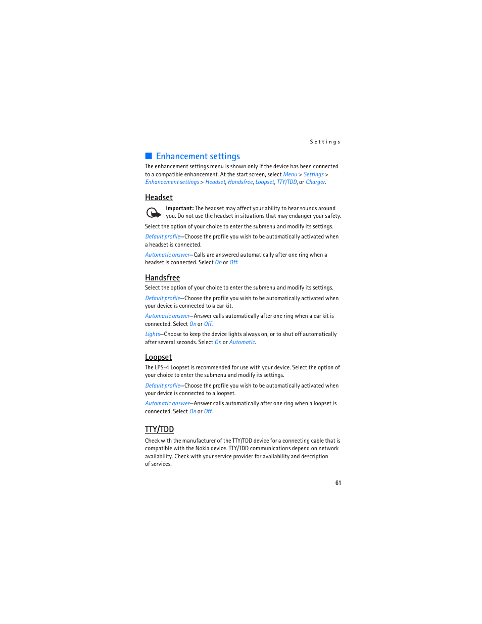 Enhancement settings, Headset, Handsfree | Loopset, Tty/tdd | Nokia 6235i User Manual | Page 62 / 233