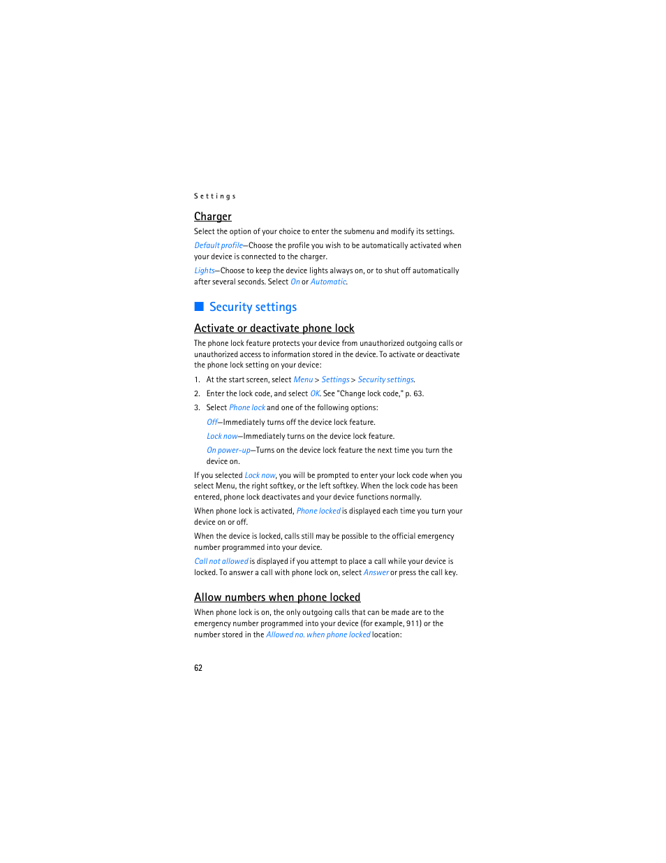 Security settings, Charger, Activate or deactivate phone lock | Allow numbers when phone locked | Nokia 6235i User Manual | Page 63 / 233