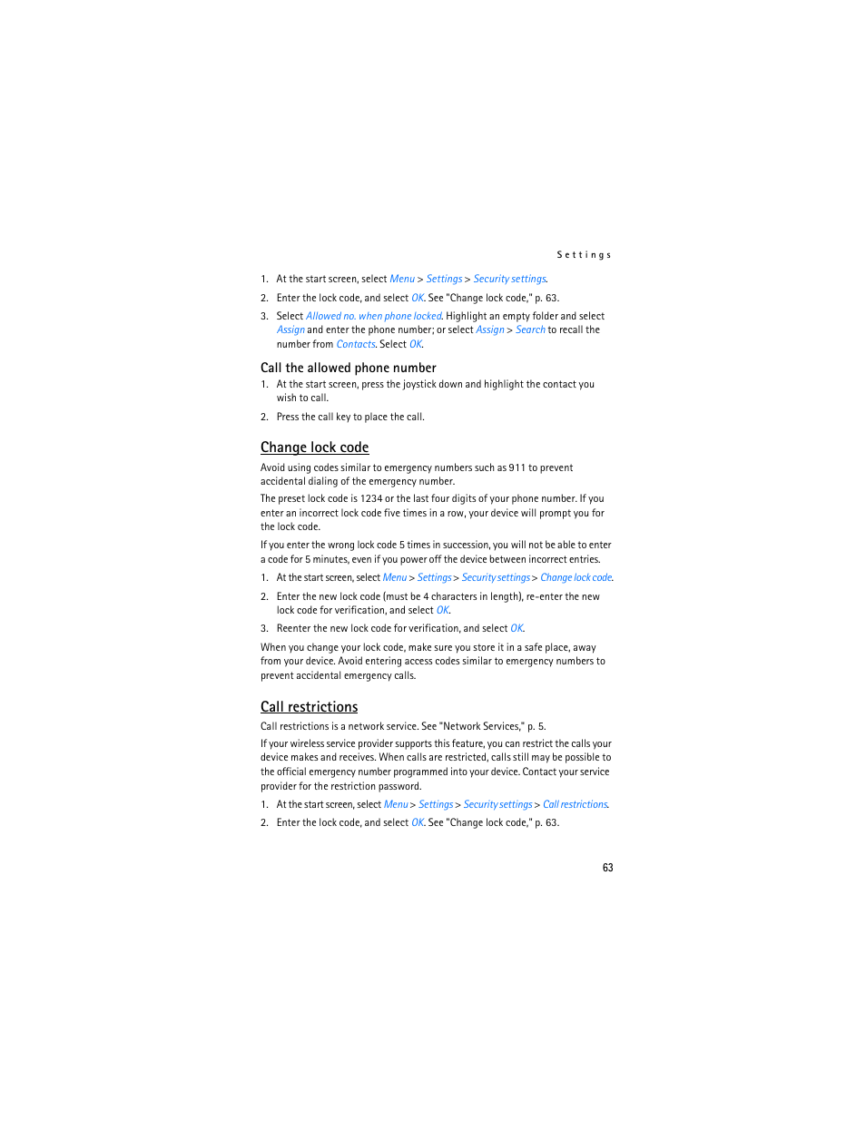 Change lock code," p. 63, Change lock code, Call restrictions | Nokia 6235i User Manual | Page 64 / 233